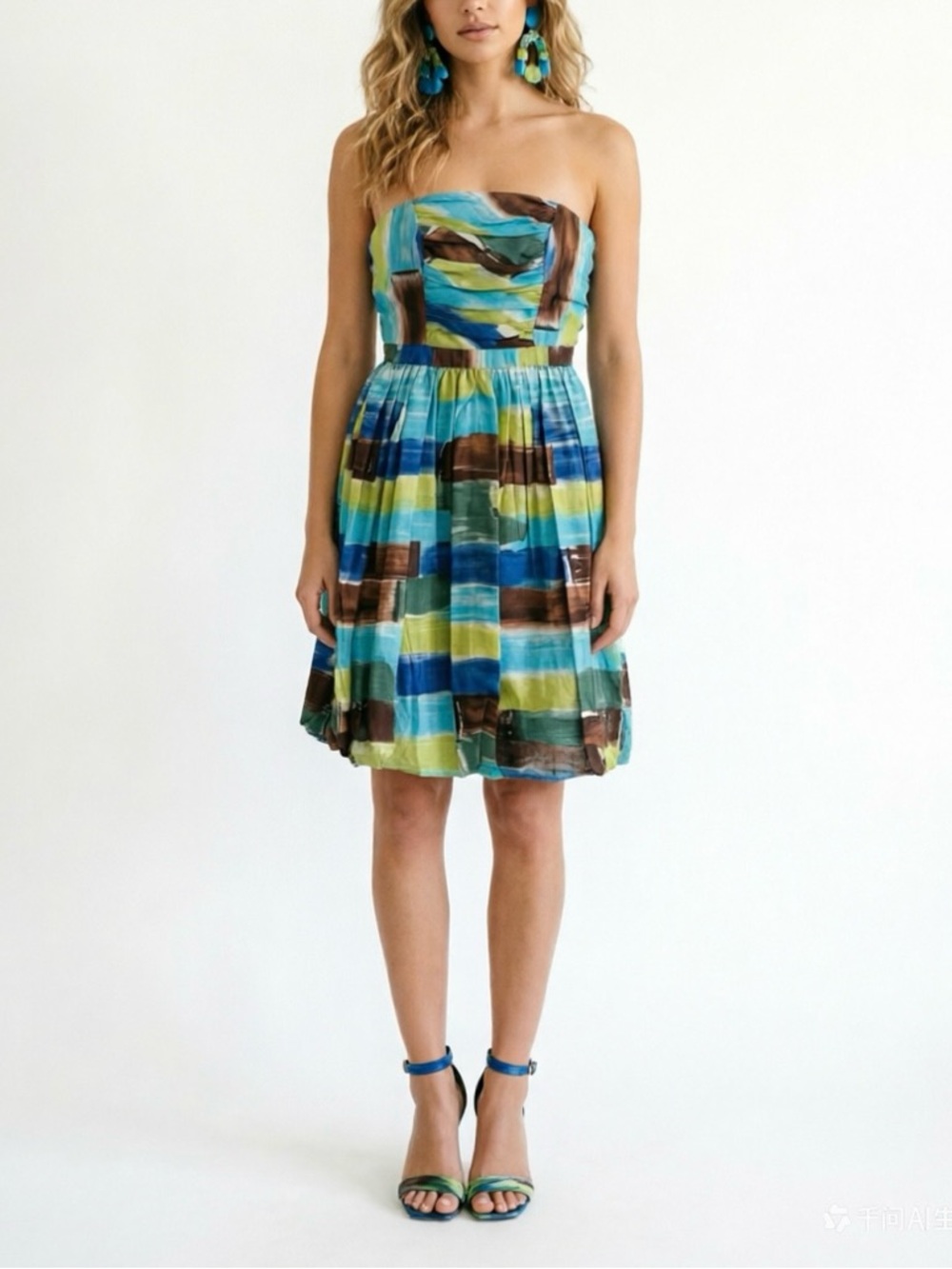 Nine West Cotton Silk Blend Strapless Dress – Blue Green Abstract Print – Size 6